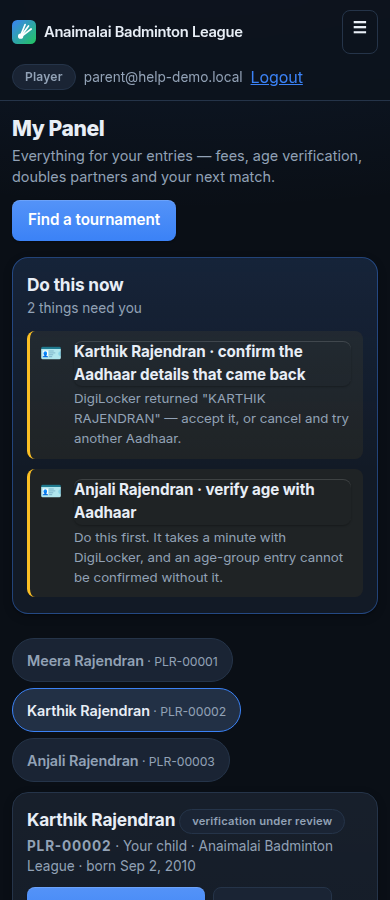 The My Panel page listing three players on one account.