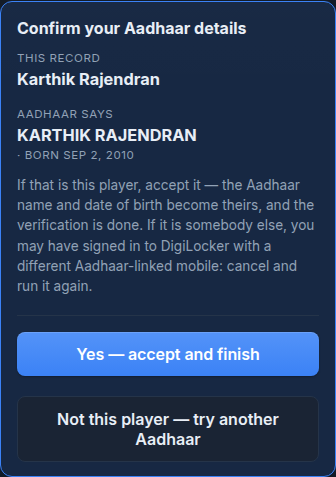 A card showing the name and date of birth returned by Aadhaar, with buttons to accept it or try another Aadhaar.